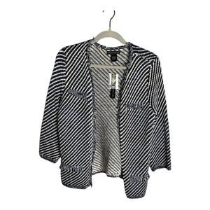 Preswick & Moore Blue and White Knit Open Cardigan Sweater Fringe Trim Size S